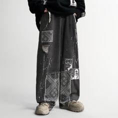 Wiaofellas Graffiti Black Jeans Men Gothic Punk Denim Pants Hip Hop Straight Trousers Male Patchwork Loose Fashion Casual Spring1Measurement In CM size Waist Hips Pant Length M 68 92 102 L 72 96 103 XL 76 100 104 XXL 80 104 105 Punk Denim, Punk Outfit, Gothic Pants, Patchwork Pants, Cloth Design, Black Jeans Men, Loose Fashion, Style Goals, Stylish Pants