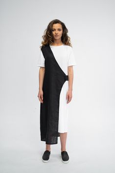 "Avantgarde Dress, Black and Whiter Dress, Asymmetric Dress *COMPOSITION* Right Part - Linen Left Part is a T-Shirt - Cotton *CARE* - Hand wash in cold water - Warm iron if needed Model is wearing size S. She is 5'9\"/170 cm tall. This piece is available in sizes from XS, S, M, L, XL, 2XL *SIZE CHART* SIZE XS Bust: around 33.5\" / 85 cm Waist: around 26\" / 66 cm Hips: around 36\" / 91 cm Approximate height: 5'3\" / 160 cm SIZE S Bust: around 35.5\" / 90 cm Waist: around 28\"/ 71 cm Hips: around Black Dress With Asymmetrical Hem And Side Slits, Black Asymmetrical Short Sleeve Dress For Spring, Black Midi Dress With Side Slits And Asymmetrical Hem, Black Cotton Tunic Dress, Black Asymmetrical Dress With Side Slits, Black Short Sleeve Asymmetrical Spring Dress, Warm Winter Dresses, Summer Cotton Dress, Summer Lagenlook Asymmetrical Dress With High-low Hem