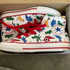 Kids Size 12 Junior Dinoverse Converse. Brand New In Box. Bought For Child And He Completely Skipped This Shoe Size. Dino Converse, Dinosaur Converse, Shoe Ideas, Preppy Room Decor, Converse White, Preppy Room, Kids Converse, 8th Grade, Painted Shoes