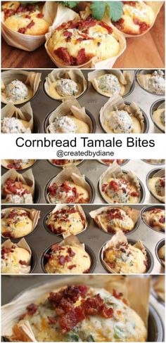 several images of different types of food in muffin tins with text that reads cornbread tamale bites