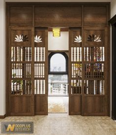 an open wooden door leading to another room with white walls and tile flooring in front of it