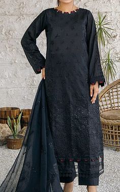 Marjjan Black Lawn Suit | Pakistani Lawn Suits Black Embroidered Long Sleeve Lawn Suit, Elegant Black Unstitched Suit With Self Design, Unstitched Black Set With Long Sleeves, Black Unstitched Long Sleeve Sets, Black Long Sleeve Lawn Suit With Chikankari Embroidery, Fitted Black Lawn Suit, Black Unstitched Suit With Resham Embroidery Long Sleeve, Black Long Sleeve Sets With Chikankari Embroidery, Black Fitted Long Sleeve Lawn Suit