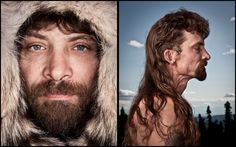 two pictures of men with long hair and beards, one is wearing a fur hat