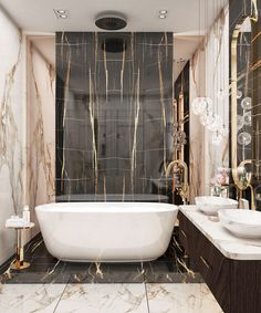 a bathroom with marble walls and flooring has a bathtub in the center surrounded by two sinks