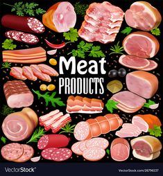 meat products poster with various types of meats and sausages on the black background