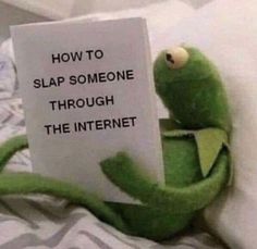 the kermie frog is reading a sign that says how to slap someone through the internet