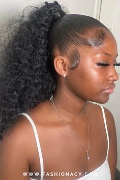 Make a bold statement with a curly ponytail featuring bangs, tailored specifically for black women, exuding confidence and style. Curly Pony Tailed Hairstyle Black Women, Curly Ponytail Black Women With Bang, Curly Bob Ponytail Black Women, Big Curly Ponytail Black Women, Ponytail With Curly Bang, Curly Ponytail Hairstyles For Black Women