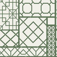 a green and white wallpaper with geometric designs on it's sides, all in different sizes