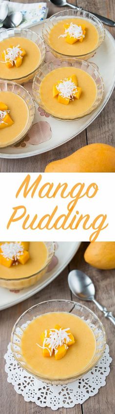 mango pudding on plates with spoons and utensils in the background text reads mango pudding