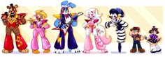 several cartoon characters are standing in a row