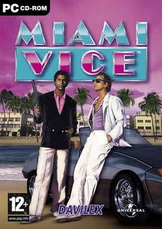 miami vice on dvd with two men standing in front of a car and palm trees