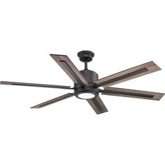 a ceiling fan with four wooden blades on the top and one light on the bottom