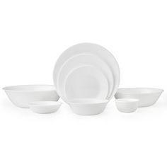 white dinnerware set with four bowls and one plate on the side, all in different sizes