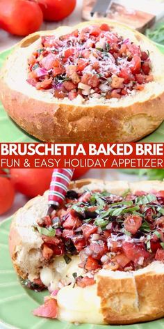 two pictures of bread with different types of food on them and the words bruschetta baked brie fun & easy holiday appetizer