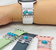 The delicate pieces feature a cluster of handpicked Turquoise stones in bright shades of green tosca blue and silver plated stainless steel, carefully arranged to form a traditional pattern. This beautiful iwatch charms set is the Western classic jewelry. Stunning stackable! A perfect accessory to bling up your watchband. *Comes with all 4 charms *Material: High-quality silver-plated stainless steel and turquoise gemstones *Avoid using harsh chemicals. Not recommended for use in water. *Apple Wa Apple Watch Jewelry, Watch Band Charms, Green Tosca, Cowgirl Accessories, Samsung Watch, Apple Watch Bracelets, Watch Jewelry, Bracelet Apple Watch, Protection Amulet