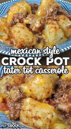 mexican style crock pot tater tot casserole on a blue and white plate