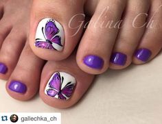 Butterflies Pedicure Purple, Pretty Toenails, Pedi Designs, Pedicure Design, Toenail Art Designs, Pretty Pedicures, Purple Toes, Nail Summer, Pedicure Designs Toenails