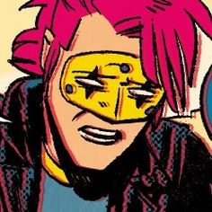 a man with pink hair and yellow eye patch