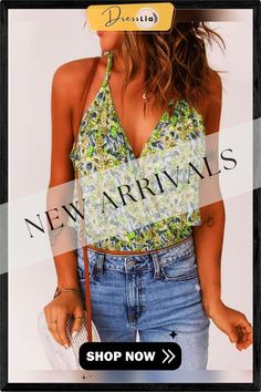 Women's Tank Tops Floral Sling V-neck Cropped Tank Top Summer V-neck Halter Top For Day Out, Trendy V-neck Camisole For Day Out, Trendy V-neck Halter Top For Vacation, Trendy V-neck Camisole For Vacation, Trendy V-neck Camisole For The Beach, Trendy V-neck Tank Top For Beach, Trendy V-neck Beach Tank Top, Trendy V-neck Tank Top For The Beach, Green Halter Neck Tank Top For Summer