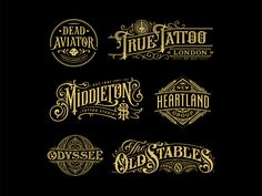 six different types of logos for tattoo shops and salons in gold on black background