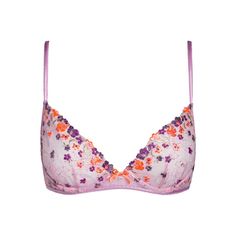 In Full Bloom: This Colorful And Chic Lace Bra Showcases Bursts Of Lilac With Neon Orange Floral Embroidery. Unlined Underwire Straps & Hooks Adjustable Straps Back Hook-And-Eye Closures Details & Fabric Scoop Neckline Ribbon Detail At Front Eyelet Details At The Edges Body: 63% Polyester, 37% Polyamide Lilac Purple With Neon Embroidery Feminine Purple Bra, Spring Purple Bra With Padded Cups, Purple Padded Bra For Spring, Feminine Purple Underwire Bra, Spring Purple Lace Bra, Elegant Purple Summer Bra, Elegant Purple Bra For Spring, Neon Embroidery, Floral Bra