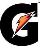 the gatorade logo with an orange and black lightning bolt in it's center