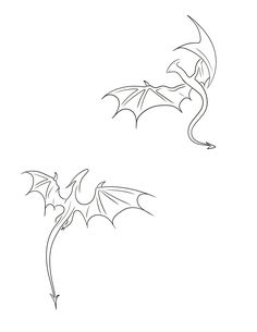 a drawing of a dragon flying in the air with its wings spread out and tail extended