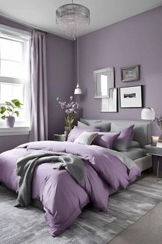 a bedroom with purple walls and bedding in the center, along with a gray rug on the floor