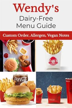 the menu for wendy's dairy - free menu guide includes fries, burgers and other items