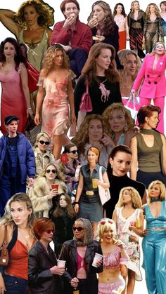 a collage of people dressed in different outfits and colors, including one woman with glasses