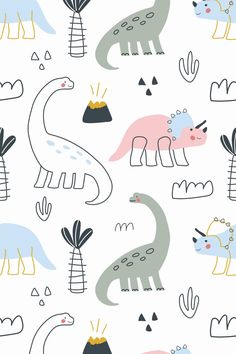 a pattern with dinosaurs and plants on it