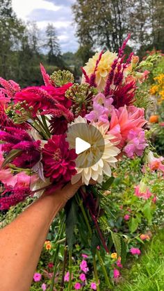 a hand holding a bouquet of flowers in front of some colorful flowers and greenery