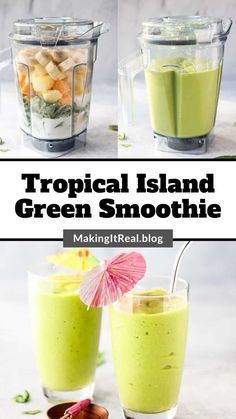 This easy tropical green smoothie recipe will awaken your taste buds and instantly transport your imagination to a warm sunny island! Green Smoothie Tropical Smoothie, Island Green Smoothie Recipe, Immune Booster Smoothie, Island Green Smoothie, Tropical Smoothie Recipes, Tropical Green Smoothie, Gluten Free Drinks, Vital Proteins Collagen Peptides, Best Green Smoothie