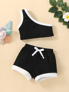 Black Sporty  Sleeveless  Plain  Embellished Medium Stretch Summer Baby Clothing Sims Baby, Kids Designer Dresses, One Shoulder Top, One Shoulder Tops, Summer Baby, Summer Kids, Baby Clothing, Baby Sets, Cami Tops