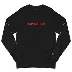 Love Kills [Wish You Were Here] Long Sleeve Shirt (V-Day Edition) • 100% cotton • Fabric weight: 5.2 oz/y² (176.3 g/m²) • Regular fit • Taped crew neck • Double-needle stitched bottom hem • Ribbed knit cuffs • Champion "C” logo on the left sleeve • Blank product sourced from El Salvador or Honduras This product is made especially for you as soon as you place an order, which is why it takes us a bit longer to deliver it to you. Making products on demand instead of in bulk helps reduce overproduct Love Kills, Wish You Were Here, V Day, C Logo, Wish You Are Here, Knit Cuff, Honduras, Salvador, Long Sleeve Shirt