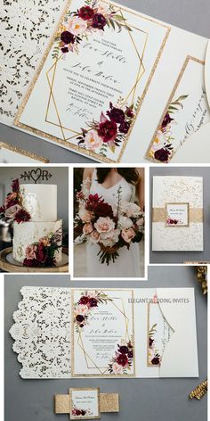 wedding stationery with burgundy flowers and gold accents