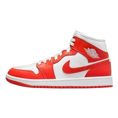 Women's Jordan 1 Mid "Syracuse" White/Habanero Red-White Size: 11.5.  Color: Orange.  Gender: female.  Age Group: adult. Air Jordan 1 Mid Orange, Jordan 1 Mid Women, Orange Jordan, Doudoune The North Face, Jordan 1 Red, Red Jordans, White Jordans, Jordan Model, Nike Air Jordan 1 Mid