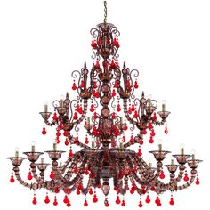 a chandelier with red beads hanging from it's center and two lights on each side