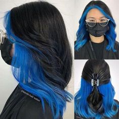 Blue Colour Highlight Hair, Colour Under Hair, Hair Color Ideas Bottom Half, Navy Blue Money Piece Hair, Black Hair Blue Peekaboos, Hair Color Ideas Multicolor, Peekaboo Split Dye, Blue Picaboo Hair, Vivid Hair Color Ombre