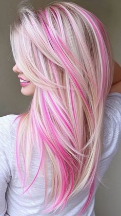 #haircolourtrends #hairtrends #haircolorinspo #hairgoals #hairinspiration #haircolorideas #haircolorpalette #haircolorchange #haircolortransformation #haircolorfashion Blond Hair Pink Streaks, Pink Hair Ideas For Blondes, Blonde With Pink Hair, Bright Color Highlights, Pink Highlights In Blonde Hair, Pink And Blonde Hair, Pearl Highlights