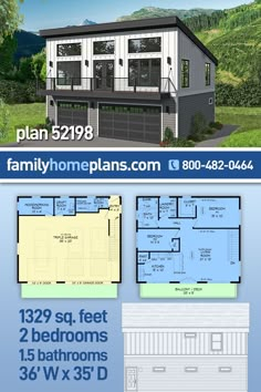 two story house plan with garage and living room in the back ground floor plans are available for