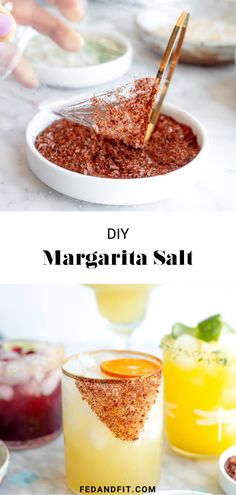 the ingredients to make margarita salt are shown in bowls and on plates, with text overlay that reads diy margarita salt