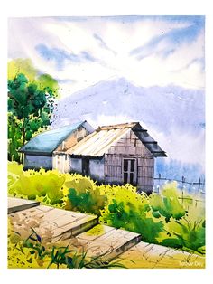 a watercolor painting of a house in the mountains