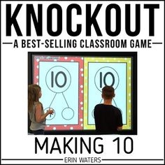 two children are looking at a screen with numbers on it and the words knockout making 10