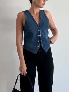 Women Open Front Jeans Vest Cropped Tops Denim Sleeveless Button Closure Deep V Neckline Vest Jeans Vest Jacket Outfit, Sleeveless Denim Vest, Vest Corset, Vintage Denim Vest, Sleeveless Waistcoat, Denim Waistcoat, Jean Vintage, Slim Denim, V Neck Tank Top