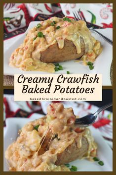 two pictures of creamy crawfish baked potatoes on a plate with a fork