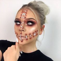 Beginner Sfx Makeup, Stitched Face Makeup, Creative Halloween Makeup Looks Easy, Easy Sfx Makeup Ideas, Grime Haloween, Halloween Face Paint Scary, Scary Beauty, Halloween Makeup Diy Easy