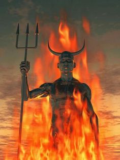 a man holding a pitchfork standing in front of a fire filled sky with flames behind him