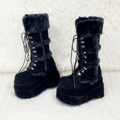 Demonia In House Stock | Totally Wicked Footwear Styl Goth, Fur Boots Women, Demonia Boots, Gladiator Wedges, Demonia Shoes, Brown Knee High Boots, Platform Heels Boots, Cute Shoes Heels, Funky Shoes