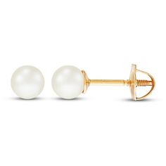 These classic children's earrings feature beautiful freshwater cultured pearls set in 14K yellow gold. The earrings safely secure with screw backs. Neil Lane Engagement Rings, Pearl Diamond Jewelry, Cross Jewelry Necklace, Fan Jewelry, Diamond Wedding Rings Sets, Classic Earrings, Pearl Jewellery Earrings, Pearl Set, Pearl Types